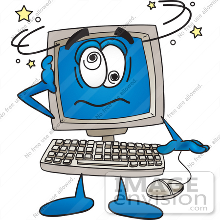 #26236 Clip Art Graphic of a Desktop Computer Cartoon Character Crashing by toons4biz