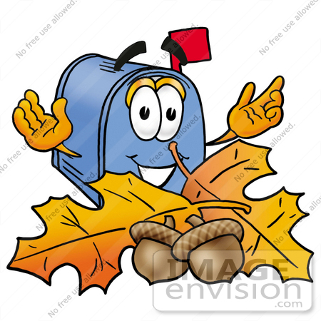 #26244 Clip Art Graphic of a Blue Snail Mailbox Cartoon Character With Autumn Leaves and Acorns in the Fall by toons4biz