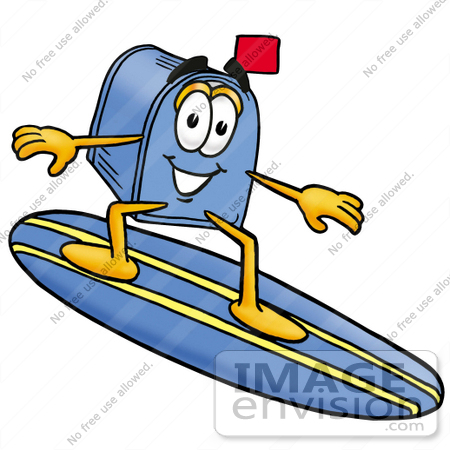 #26246 Clip Art Graphic of a Blue Snail Mailbox Cartoon Character Surfing on a Blue and Yellow Surfboard by toons4biz