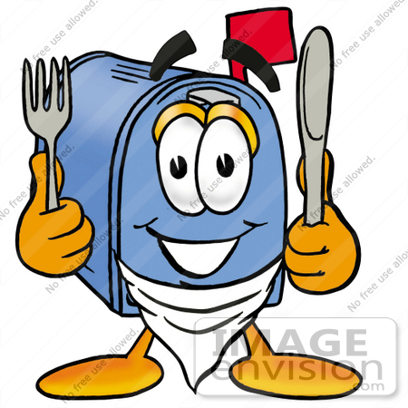 #26247 Clip Art Graphic of a Blue Snail Mailbox Cartoon Character Holding a Knife and Fork by toons4biz