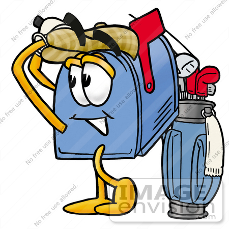 #26248 Clip Art Graphic of a Blue Snail Mailbox Cartoon Character Swinging His Golf Club While Golfing by toons4biz