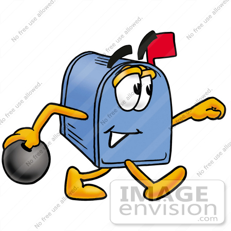 #26249 Clip Art Graphic of a Blue Snail Mailbox Cartoon Character Holding a Bowling Ball by toons4biz