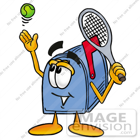 #26254 Clip Art Graphic of a Blue Snail Mailbox Cartoon Character Preparing to Hit a Tennis Ball by toons4biz