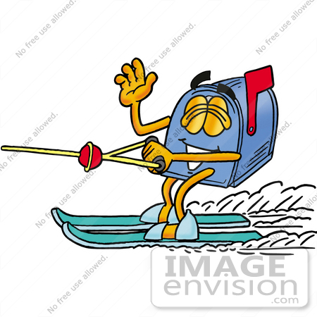 #26255 Clip Art Graphic of a Blue Snail Mailbox Cartoon Character Waving While Water Skiing by toons4biz