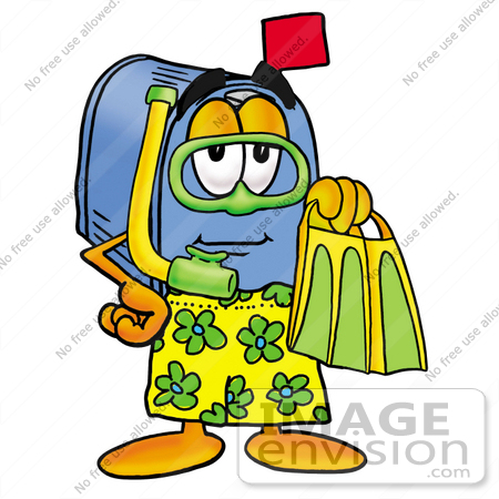 #26256 Clip Art Graphic of a Blue Snail Mailbox Cartoon Character in Green and Yellow Snorkel Gear by toons4biz