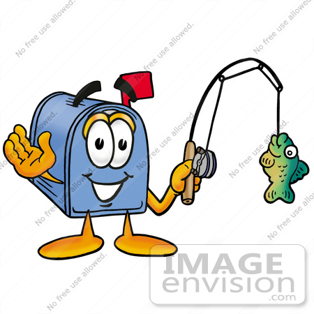 #26257 Clip Art Graphic of a Blue Snail Mailbox Cartoon Character Holding a Fish on a Fishing Pole by toons4biz