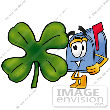 #26262 Clip Art Graphic of a Blue Snail Mailbox Cartoon Character With a Green Four Leaf Clover on St Paddy’s or St Patricks Day by toons4biz