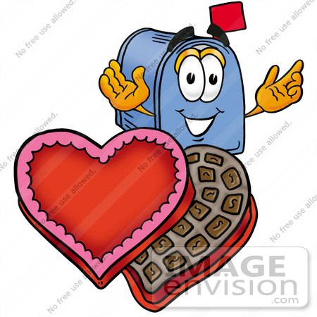 #26263 Clip Art Graphic of a Blue Snail Mailbox Cartoon Character With an Open Box of Valentines Day Chocolate Candies by toons4biz