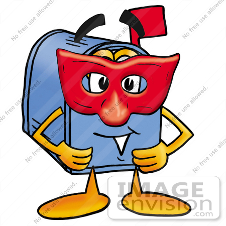 #26265 Clip Art Graphic of a Blue Snail Mailbox Cartoon Character Wearing a Red Mask Over His Face by toons4biz