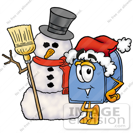 #26268 Clip Art Graphic of a Blue Snail Mailbox Cartoon Character With a Snowman on Christmas by toons4biz