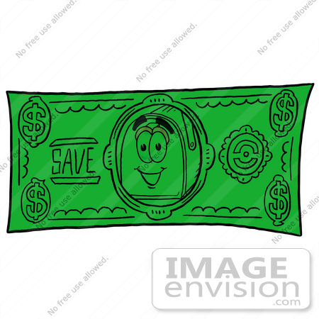 #26269 Clip Art Graphic of a Blue Snail Mailbox Cartoon Character on a Dollar Bill by toons4biz