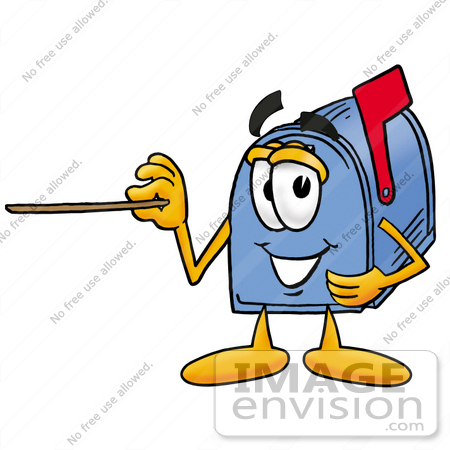 #26270 Clip Art Graphic of a Blue Snail Mailbox Cartoon Character Holding a Pointer Stick by toons4biz