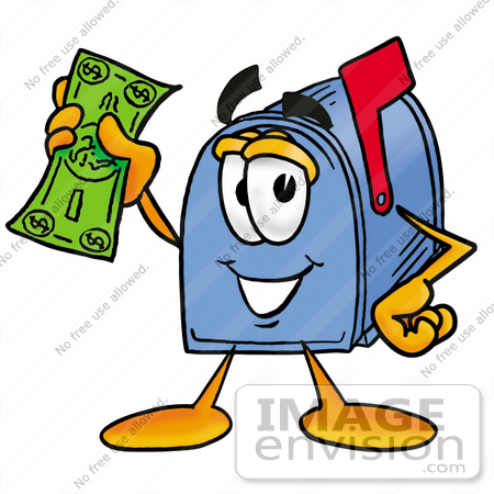 #26272 Clip Art Graphic of a Blue Snail Mailbox Cartoon Character Holding a Dollar Bill by toons4biz