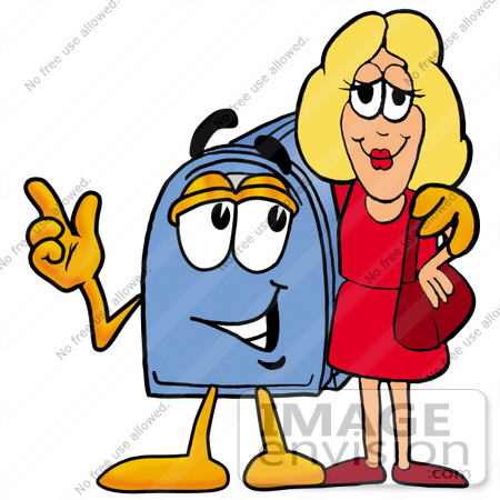 #26274 Clip Art Graphic of a Blue Snail Mailbox Cartoon Character Talking to a Pretty Blond Woman by toons4biz