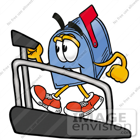 #26277 Clip Art Graphic of a Blue Snail Mailbox Cartoon Character Walking on a Treadmill in a Fitness Gym by toons4biz