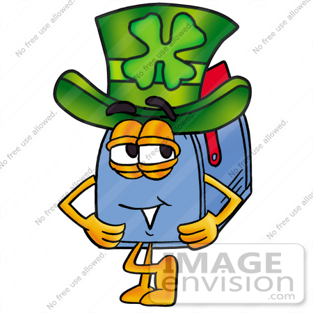 #26282 Clip Art Graphic of a Blue Snail Mailbox Cartoon Character Wearing a Saint Patricks Day Hat With a Clover on it by toons4biz