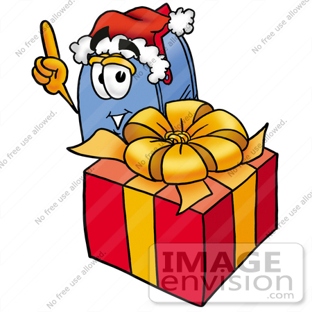 #26283 Clip Art Graphic of a Blue Snail Mailbox Cartoon Character Standing by a Christmas Present by toons4biz