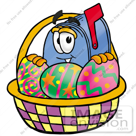 #26287 Clip Art Graphic of a Blue Snail Mailbox Cartoon Character in an Easter Basket Full of Decorated Easter Eggs by toons4biz