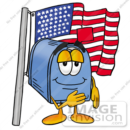 #26290 Clip Art Graphic of a Blue Snail Mailbox Cartoon Character Pledging Allegiance to an American Flag by toons4biz