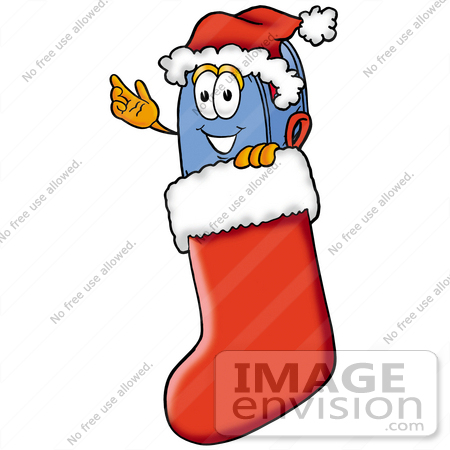 #26291 Clip Art Graphic of a Blue Snail Mailbox Cartoon Character Wearing a Santa Hat Inside a Red Christmas Stocking by toons4biz