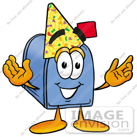 #26304 Clip Art Graphic of a Blue Snail Mailbox Cartoon Character Wearing a Birthday Party Hat by toons4biz
