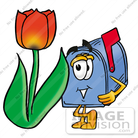 #26306 Clip Art Graphic of a Blue Snail Mailbox Cartoon Character With a Red Tulip Flower in the Spring by toons4biz