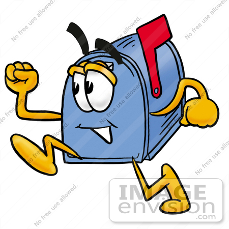 #26308 Clip Art Graphic of a Blue Snail Mailbox Cartoon Character Running by toons4biz