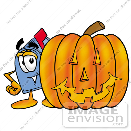 #26310 Clip Art Graphic of a Blue Snail Mailbox Cartoon Character With a Carved Halloween Pumpkin by toons4biz