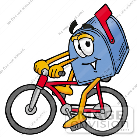 #26311 Clip Art Graphic of a Blue Snail Mailbox Cartoon Character Riding a Bicycle by toons4biz