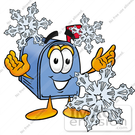 #26313 Clip Art Graphic of a Blue Snail Mailbox Cartoon Character With Three Snowflakes in Winter by toons4biz