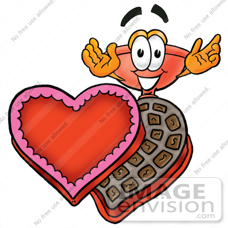 #26317 Clip Art Graphic of a Plumbing Toilet or Sink Plunger Cartoon Character With an Open Box of Valentines Day Chocolate Candies by toons4biz