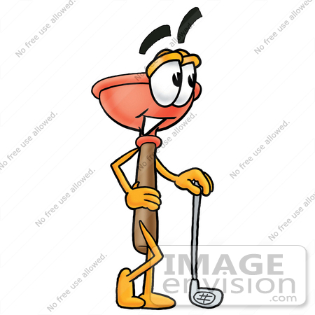 #26320 Clip Art Graphic of a Plumbing Toilet or Sink Plunger Cartoon Character Leaning on a Golf Club While Golfing by toons4biz