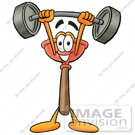 #26321 Clip Art Graphic of a Plumbing Toilet or Sink Plunger Cartoon Character Holding a Heavy Barbell Above His Head by toons4biz