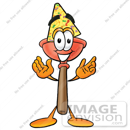 #26322 Clip Art Graphic of a Plumbing Toilet or Sink Plunger Cartoon Character Wearing a Birthday Party Hat by toons4biz