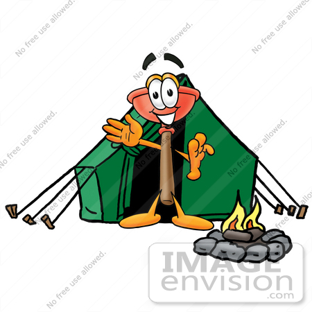 #26323 Clip Art Graphic of a Plumbing Toilet or Sink Plunger Cartoon Character Camping With a Tent and Fire by toons4biz