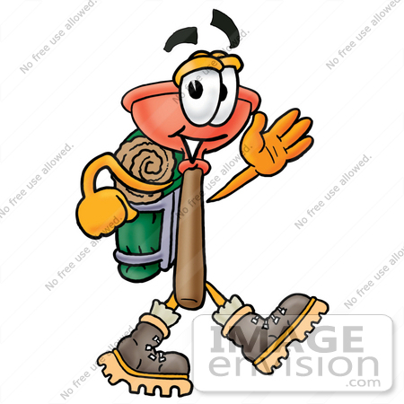 #26325 Clip Art Graphic of a Plumbing Toilet or Sink Plunger Cartoon Character Hiking and Carrying a Backpack by toons4biz