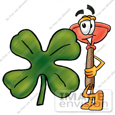 #26326 Clip Art Graphic of a Plumbing Toilet or Sink Plunger Cartoon Character With a Green Four Leaf Clover on St Paddy’s or St Patricks Day by toons4biz