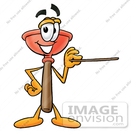 #26327 Clip Art Graphic of a Plumbing Toilet or Sink Plunger Cartoon Character Holding a Pointer Stick by toons4biz