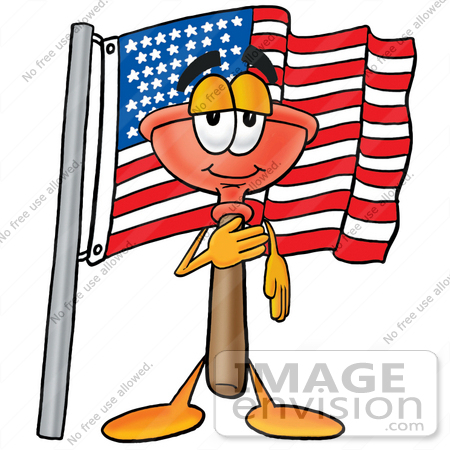 #26328 Clip Art Graphic of a Plumbing Toilet or Sink Plunger Cartoon Character Pledging Allegiance to an American Flag by toons4biz