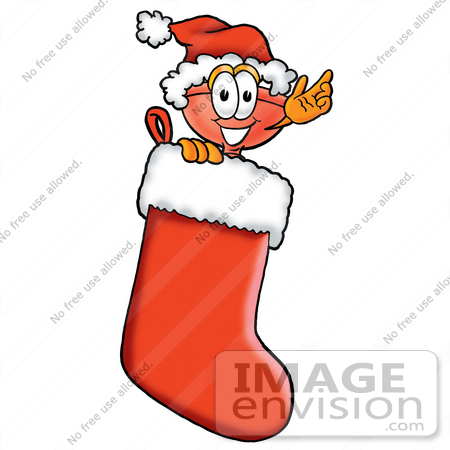 #26329 Clip Art Graphic of a Plumbing Toilet or Sink Plunger Cartoon Character Wearing a Santa Hat Inside a Red Christmas Stocking by toons4biz