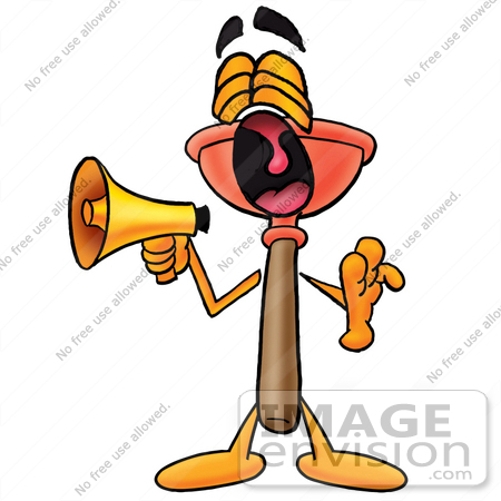 #26335 Clip Art Graphic of a Plumbing Toilet or Sink Plunger Cartoon Character Screaming Into a Megaphone by toons4biz