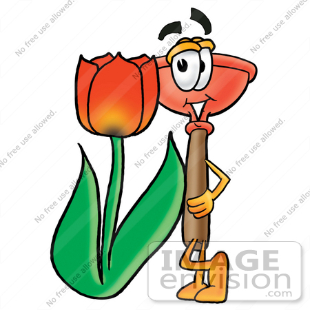 #26336 Clip Art Graphic of a Plumbing Toilet or Sink Plunger Cartoon Character With a Red Tulip Flower in the Spring by toons4biz