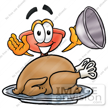 #26340 Clip Art Graphic of a Plumbing Toilet or Sink Plunger Cartoon Character Serving a Thanksgiving Turkey on a Platter by toons4biz