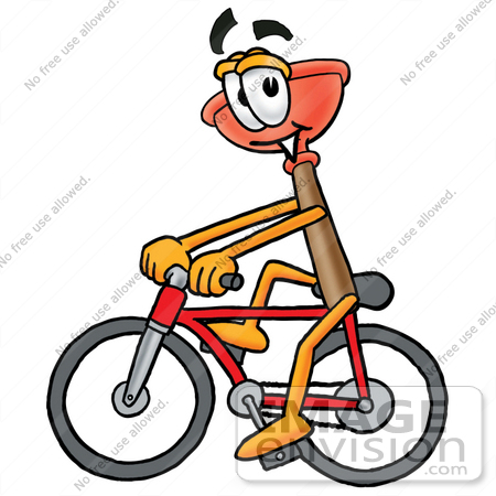 #26341 Clip Art Graphic of a Plumbing Toilet or Sink Plunger Cartoon Character Riding a Bicycle by toons4biz