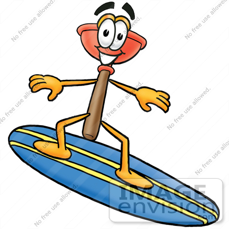 #26342 Clip Art Graphic of a Plumbing Toilet or Sink Plunger Cartoon Character Surfing on a Blue and Yellow Surfboard by toons4biz