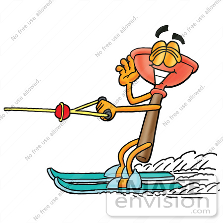 #26344 Clip Art Graphic of a Plumbing Toilet or Sink Plunger Cartoon Character Waving While Water Skiing by toons4biz