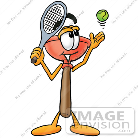 #26345 Clip Art Graphic of a Plumbing Toilet or Sink Plunger Cartoon Character Preparing to Hit a Tennis Ball by toons4biz