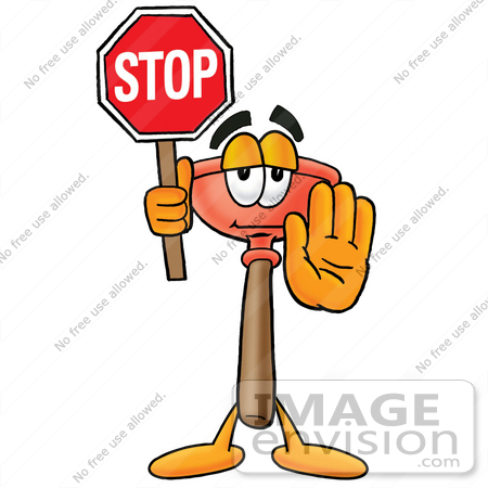 #26346 Clip Art Graphic of a Plumbing Toilet or Sink Plunger Cartoon Character Holding a Stop Sign by toons4biz