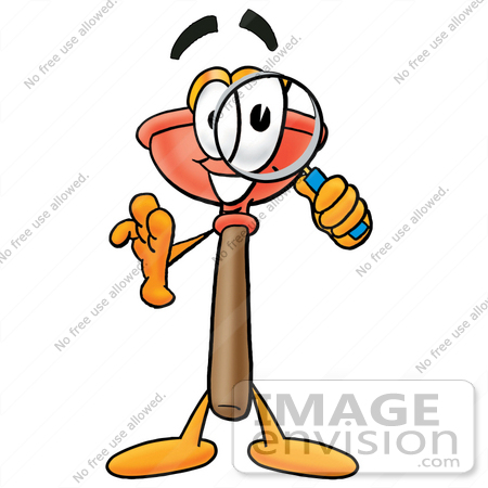 #26350 Clip Art Graphic of a Plumbing Toilet or Sink Plunger Cartoon Character Looking Through a Magnifying Glass by toons4biz