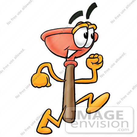 #26352 Clip Art Graphic of a Plumbing Toilet or Sink Plunger Cartoon Character Running by toons4biz